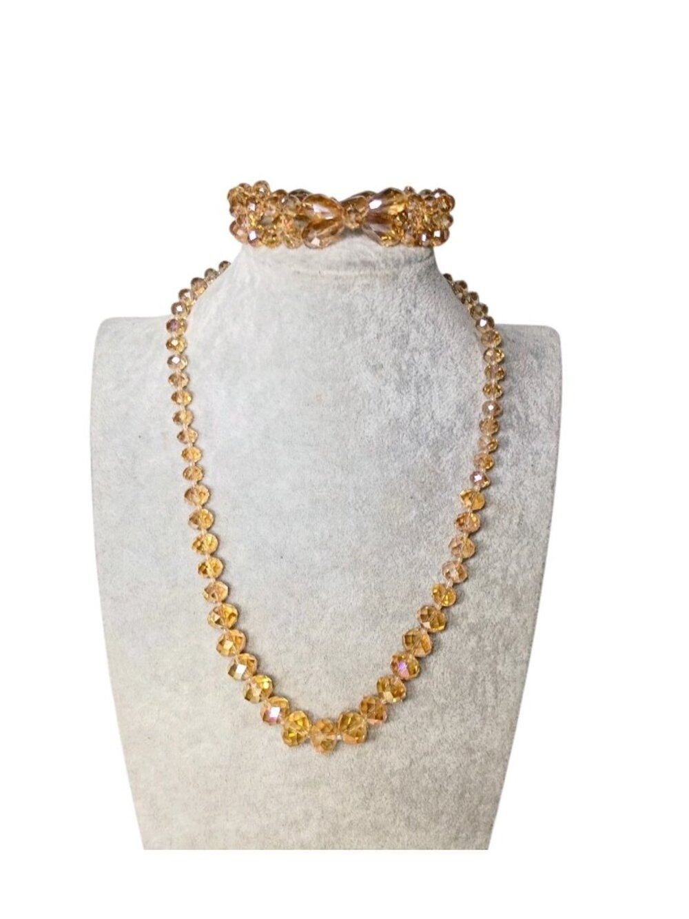 Tara Aurora Borealis Brown Crystal Beaded Necklace Double Strand Bracelet Vtg